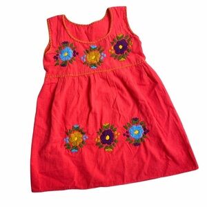 Handmade embroidered single stitch Mexican fiesta dress 3/4T coral